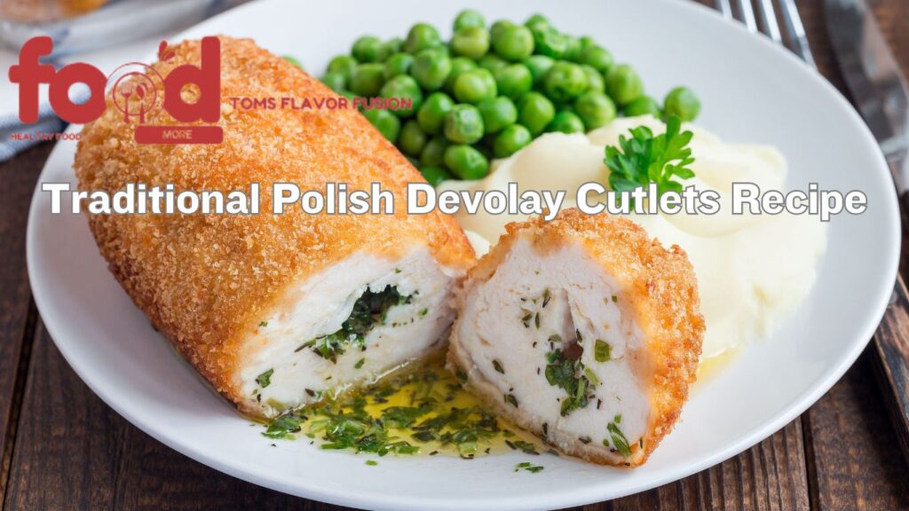 Breaded Polish Devolay Cutlet served with mashed potatoes and green peas