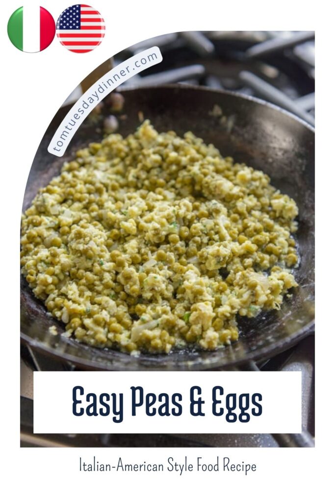 A skillet filled with a cooked mixture of peas and scrambled eggs.