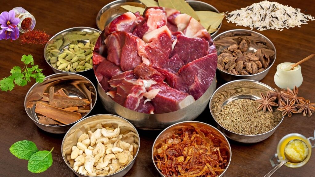 Various ingredients for cooking, including raw meat, spices, herbs, nuts, and rice, arranged in bowls on a wooden surface.