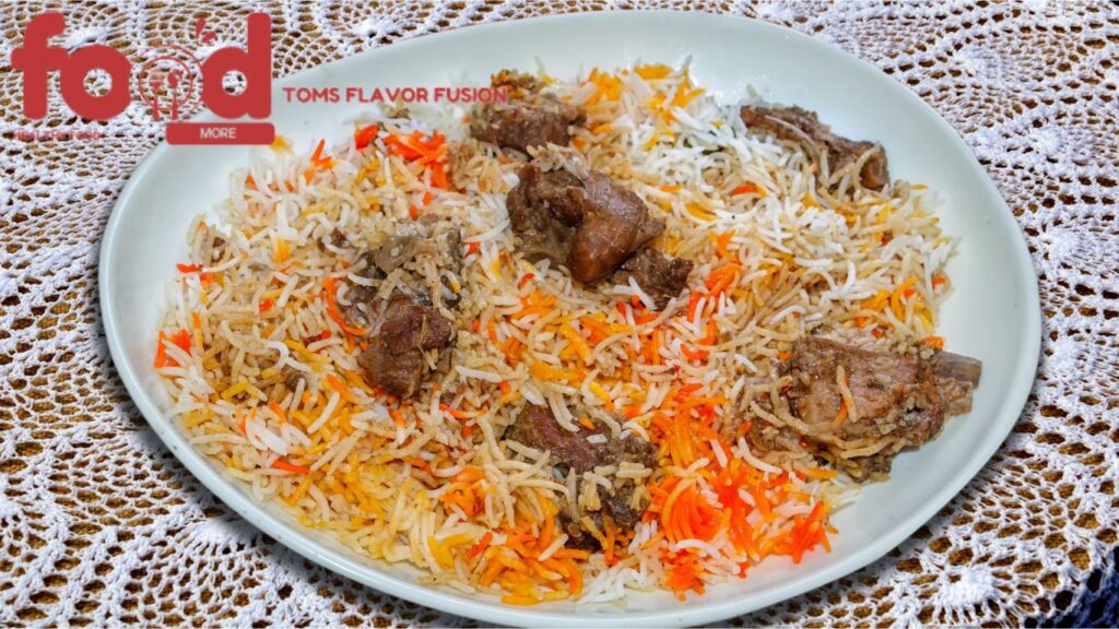 A plate of biryani with pieces of meat on a lace tablecloth, with the text "food" and "TOMS FLAVOR FUSION" in the background.