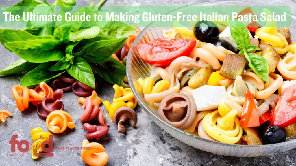 A colorful bowl of gluten-free Italian pasta salad featuring vibrant tri-color pasta, fresh basil, olives, tomatoes, bell peppers, and cheese cubes, placed next to a bundle of fresh basil leaves on a textured gray surface.