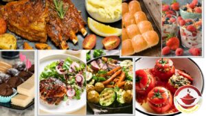 A collage of various food dishes including ribs with potatoes, bread rolls, fruit parfaits, chocolate desserts, a salad with grilled meat, roasted vegetables, and stuffed tomatoes.