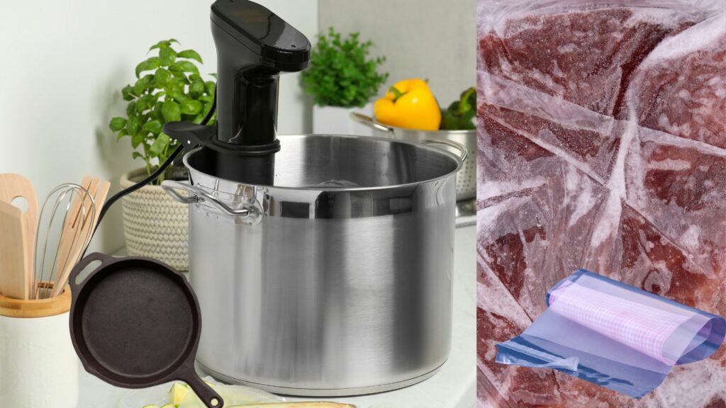 A sous vide machine in a stainless steel pot, a cast iron skillet, and a frozen vacuum-sealed bag of meat.