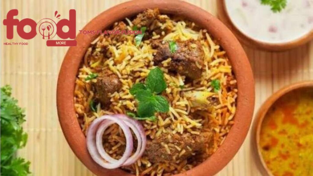 A clay pot filled with biryani garnished with mint leaves and onion rings, accompanied by bowls of raita and curry.