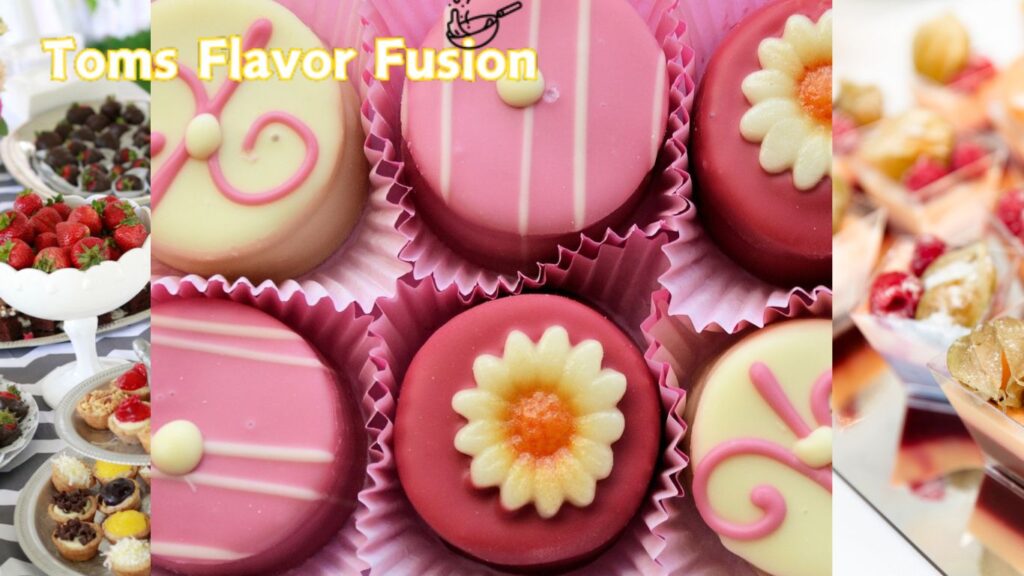 A collage of various desserts including strawberries, chocolate-covered treats, and decorated pastries with the text "Toms Flavor Fusion" overlaid.