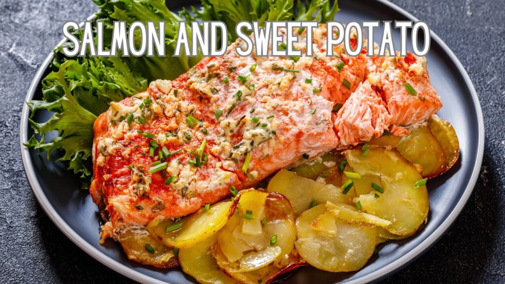 A plate of baked salmon garnished with herbs and served with sliced sweet potatoes and leafy greens.