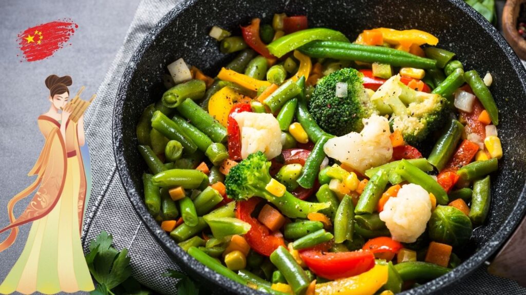 A close-up of a colorful stir-fry dish with various vegetables in a black pan, accompanied by an illustration of a person in traditional Chinese attire and a Chinese flag in the background.