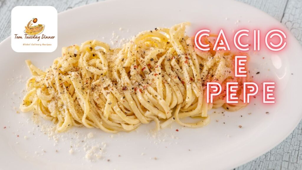 A plate of Cacio e Pepe pasta garnished with grated cheese and black pepper, with the text "Cacio e Pepe" in neon-style font on the right side and a logo for "Tom Tuesday Dinner" in the top left corner.