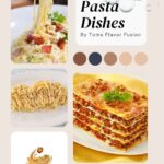 A promotional poster for "Classic Italian Pasta Dishes" by Toms Flavor Fusion, featuring images of various pasta dishes and the Tom Tuesday Dinner logo.