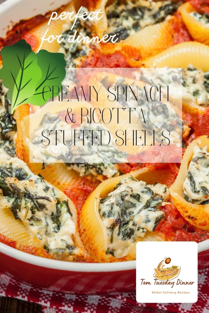 A close-up of creamy spinach and ricotta stuffed shells in a red baking dish, with text overlay promoting the dish as "perfect for dinner."