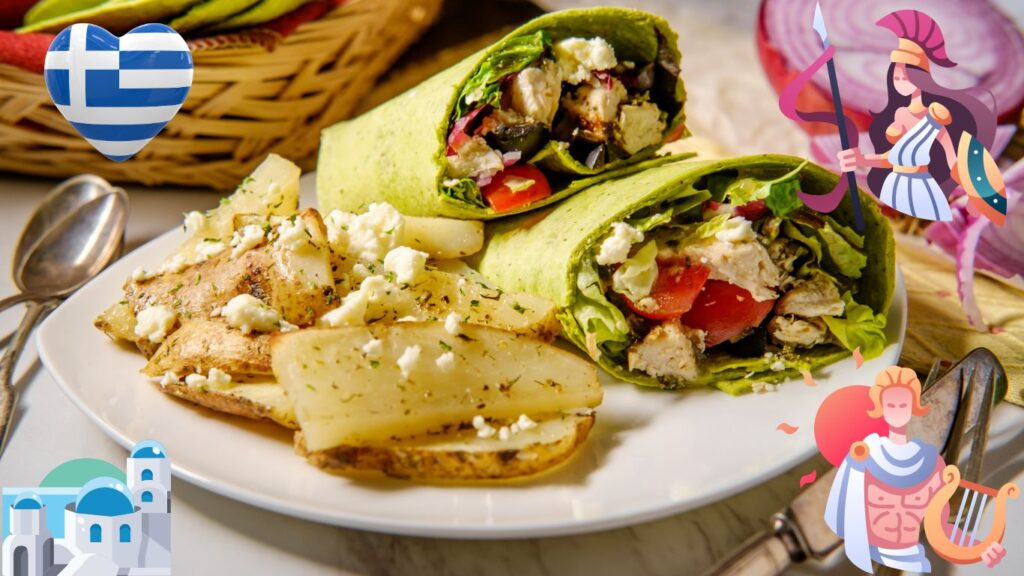 A plate of Greek Chicken Pita Wraps filled with seasoned chicken, fresh vegetables, and tzatziki sauce, garnished with parsley and a lemon wedge. The background includes a woven basket with vegetables and Greek-themed illustrations such as a heart with the Greek flag, a Greek warrior, and a Greek building.