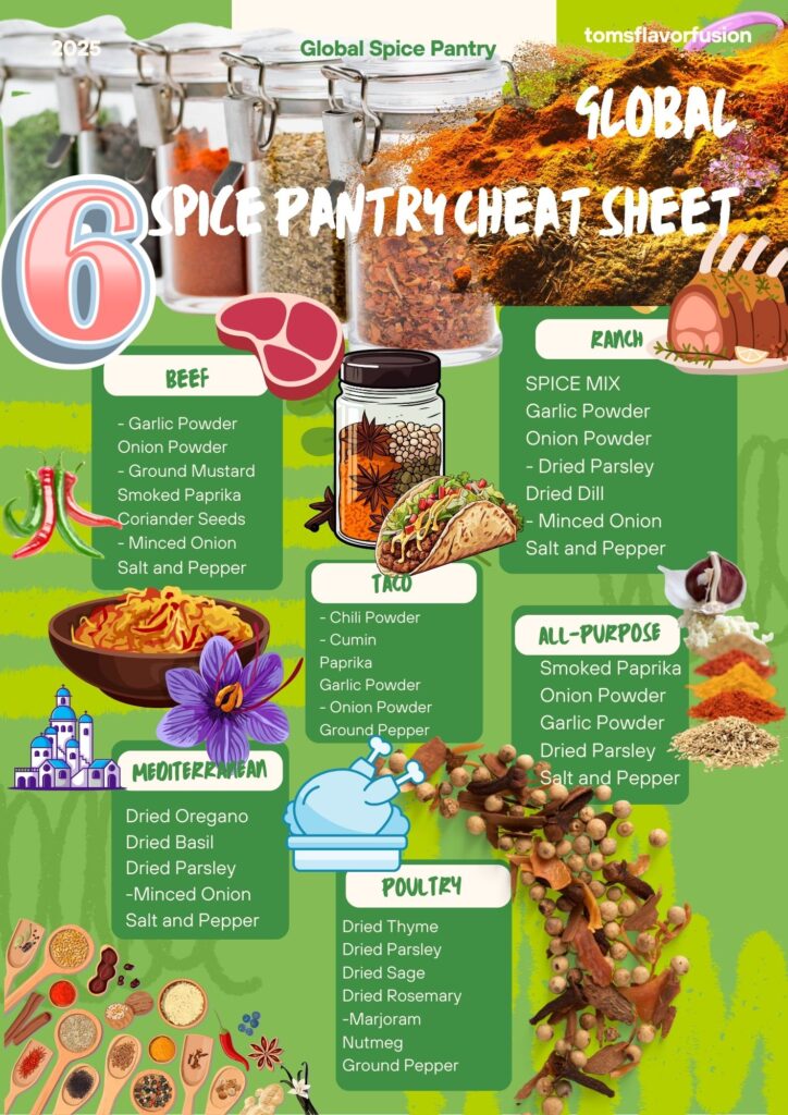 Infographic titled "Global Spice Pantry Cheat Sheet" showing different spice categories, including Herbs, Seeds, Barks and Stems, Chilies and Peppers, Roots and Rhizomes, and Blends, along with specific spices and their culinary uses.