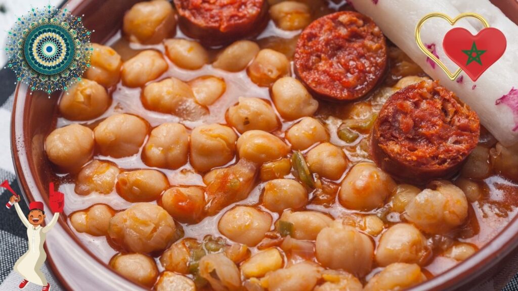 A close-up of a bowl of chickpea stew with slices of chorizo sausage, garnished with a white vegetable and surrounded by decorative elements including a Moroccan flag heart and a traditional Moroccan pattern.