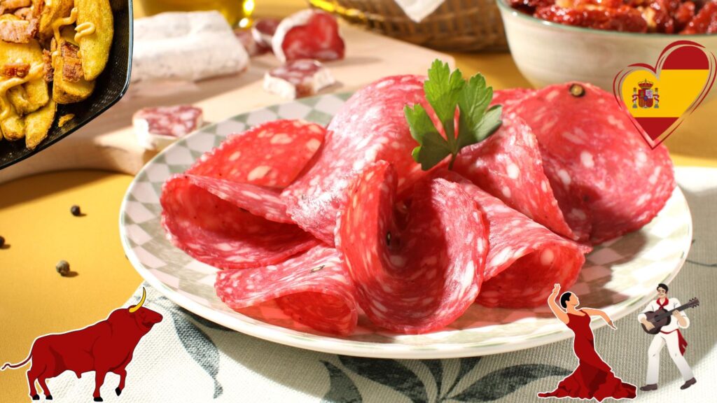 A plate of Spanish salami slices garnished with parsley, with various Spanish-themed elements around it, including a bull, a flamenco dancer, a guitarist, and a heart with the Spanish flag.