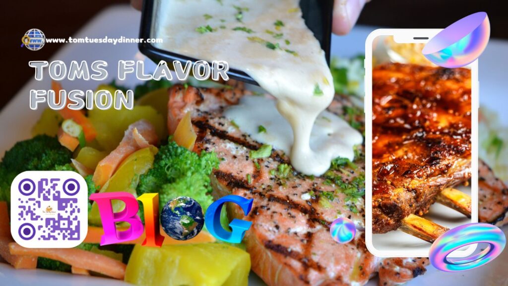 A plate of grilled salmon with vegetables, topped with a creamy sauce being poured, accompanied by a QR code and the word "BLOG" in colorful letters.