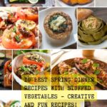 Colorful stuffed vegetable recipes including zucchini boats, bell peppers, and tomatoes arranged on a spring-themed table