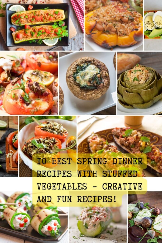 Colorful stuffed vegetable recipes including zucchini boats, bell peppers, and tomatoes arranged on a spring-themed table