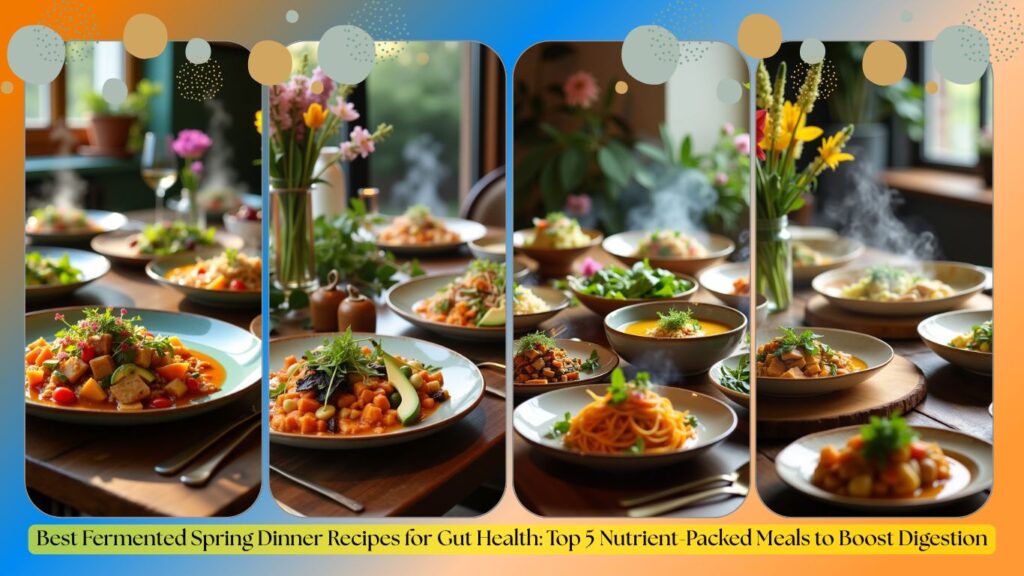 A collage of vibrant, nutrient-packed spring dinner recipes displayed on a wooden table, featuring a variety of colorful dishes and fresh ingredients, with a caption highlighting the benefits of fermented foods for gut health.