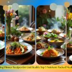 A collage of vibrant, nutrient-packed spring dinner recipes displayed on a wooden table, featuring a variety of colorful dishes and fresh ingredients, with a caption highlighting the benefits of fermented foods for gut health.