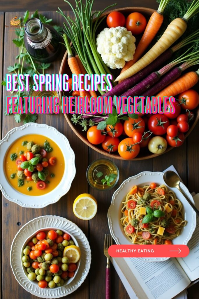 A vibrant display of heirloom vegetables and dishes, showcasing colorful carrots, tomatoes, and cauliflower with text overlay promoting spring recipes.