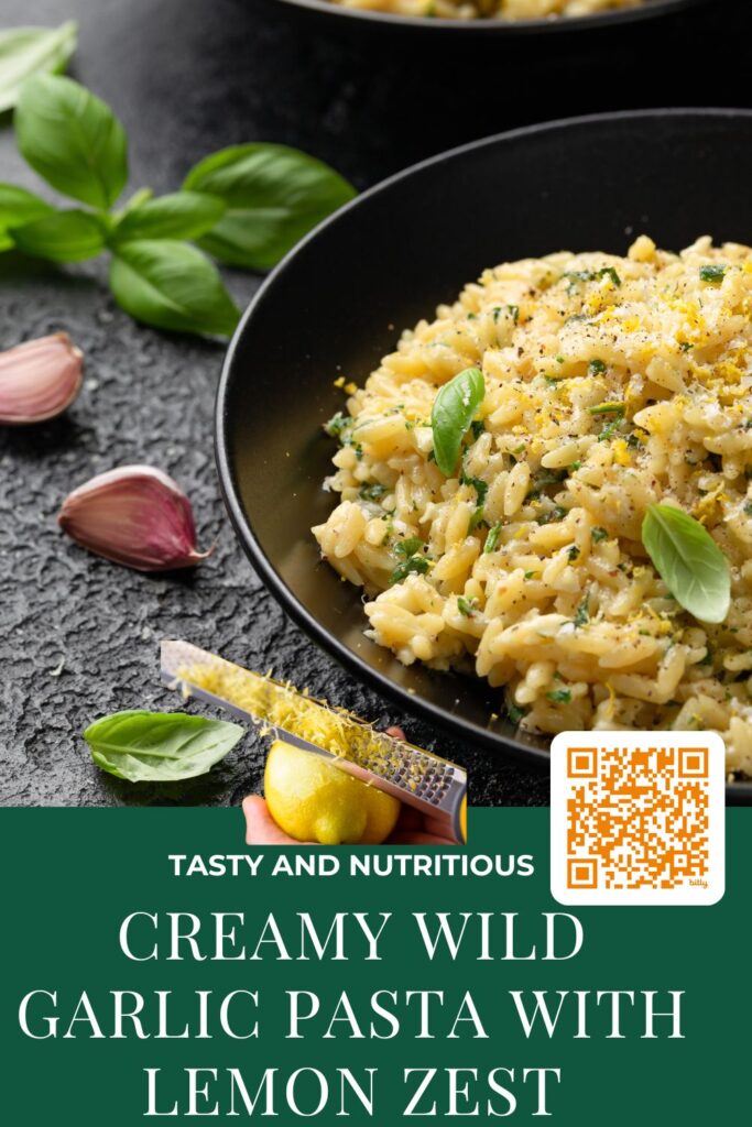 A bowl of creamy wild garlic pasta garnished with lemon zest and basil leaves, accompanied by garlic cloves and fresh basil on a dark textured surface. The text reads "Tasty and Nutritious Creamy Wild Garlic Pasta with Lemon Zest."