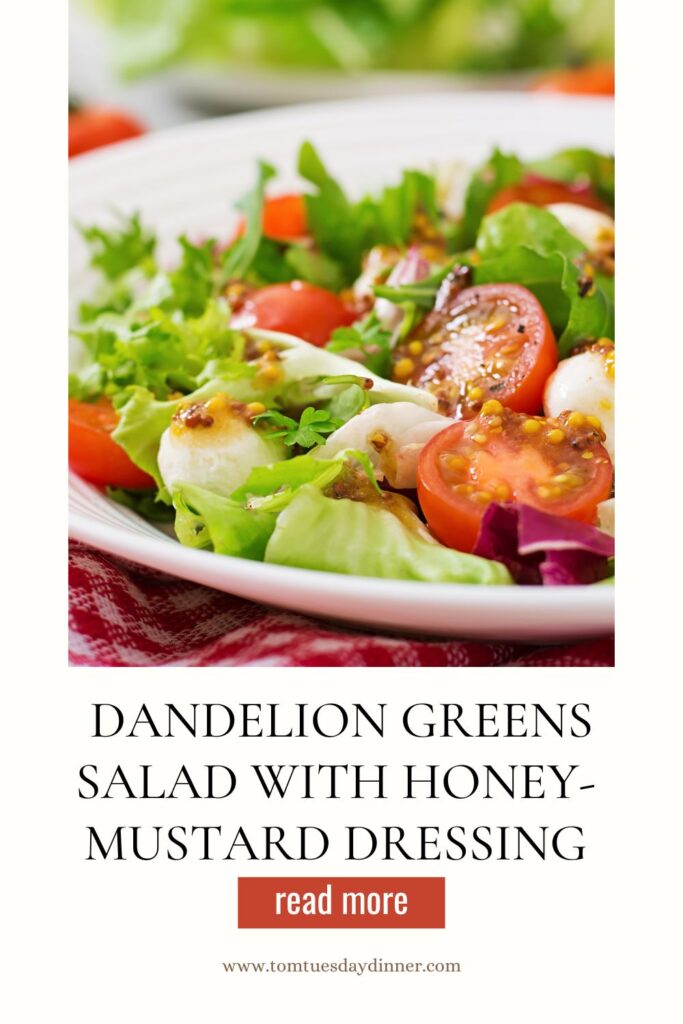 A close-up of a dandelion greens salad with cherry tomatoes, mozzarella balls, and honey-mustard dressing.