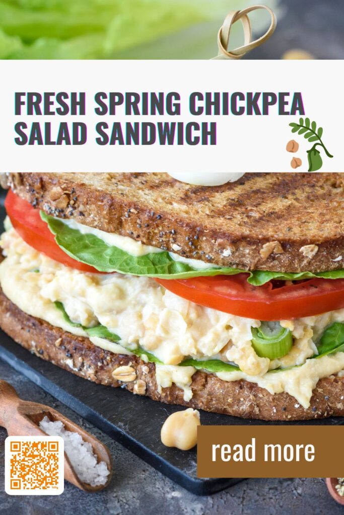 Fresh Spring Chickpea Salad Sandwich with a QR code to read more.