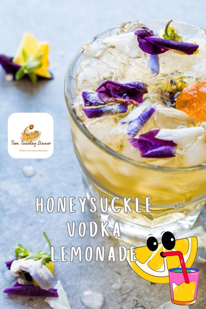 A promotional image for a drink recipe featuring honeysuckle vodka lemonade, with a logo for "Tom Tuesday Dinner" and an illustration of a lemon slice with a drink.