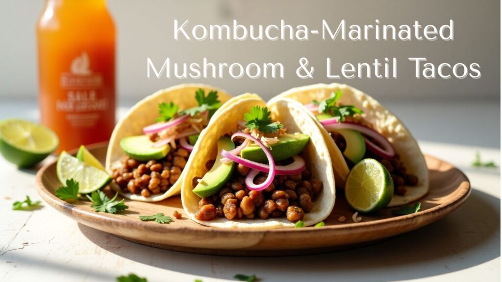 Three kombucha-marinated mushroom and lentil tacos garnished with avocado slices, pickled red onions, and cilantro, served on a wooden plate with lime wedges and a bottle of kombucha in the background.