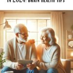 Elderly couple sitting together in a cozy living room, engaging with a tablet. The text above them reads "Living Well with MCI & Dementia in 2024: Brain Health Tips."