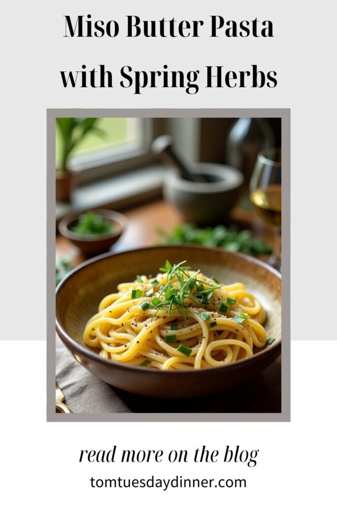 A bowl of miso butter pasta garnished with spring herbs, placed on a wooden table with a blurred background of kitchen items and a window.