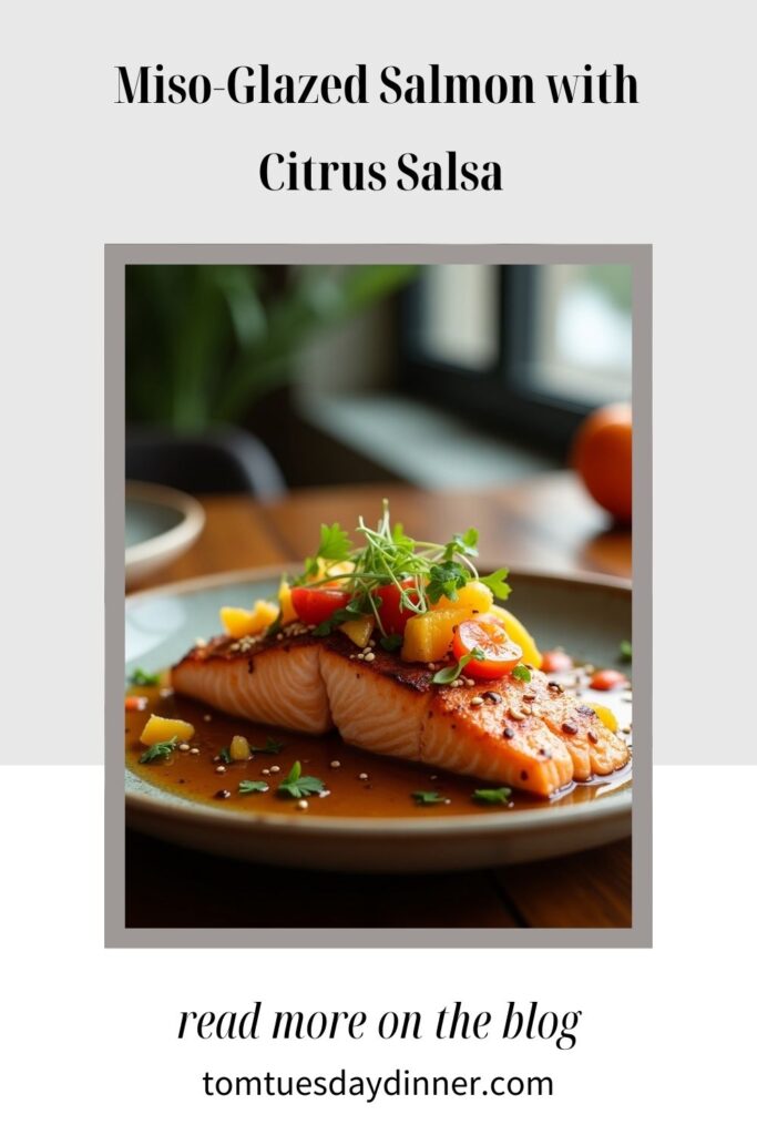 A plate of miso-glazed salmon topped with citrus salsa, garnished with fresh herbs, and served with a flavorful sauce.