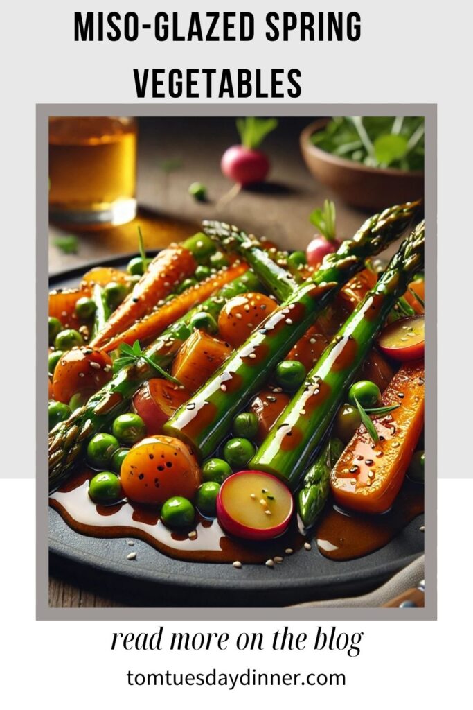 A vibrant plate of miso-glazed spring vegetables including asparagus, carrots, peas, and radishes, garnished with sesame seeds and fresh herbs.