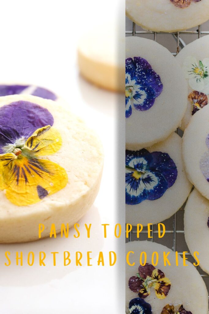 A close-up of pansy-topped shortbread cookies, showcasing the vibrant edible flowers on the cookies.