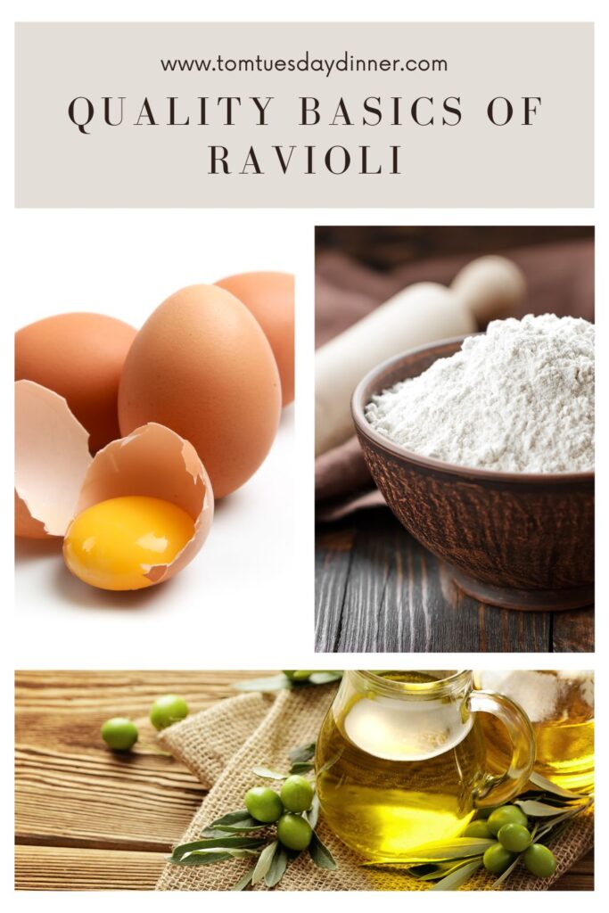 Ingredients for making quality ravioli including eggs, flour, and olive oil.