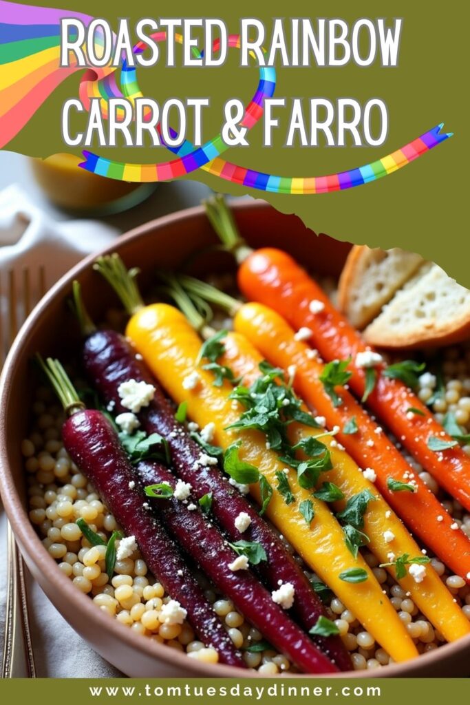 A bowl of roasted rainbow carrots and farro garnished with herbs and feta cheese, accompanied by a slice of bread, with text highlighting "Roasted-Rainbow Carrot & Farro."