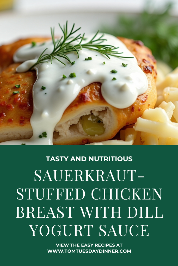 Sauerkraut-stuffed chicken breast topped with dill yogurt sauce, garnished with fresh dill and served with a side of potatoes.