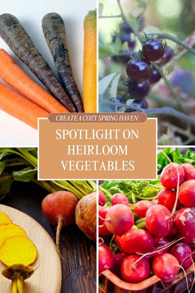 A collage of vibrant heirloom vegetables including purple and orange carrots, dark purple tomatoes on the vine, golden beets (whole and sliced), and red radishes with text overlay about heirloom vegetables.