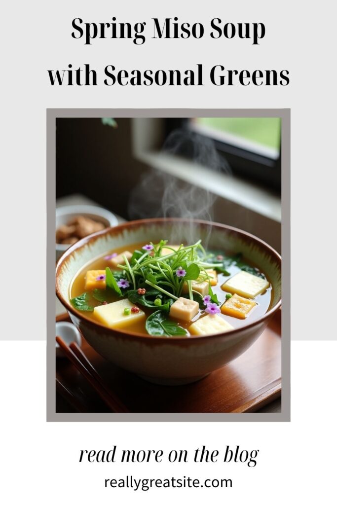 A steaming bowl of spring miso soup with seasonal greens, garnished with tofu cubes and small edible flowers, placed on a wooden tray near a window.