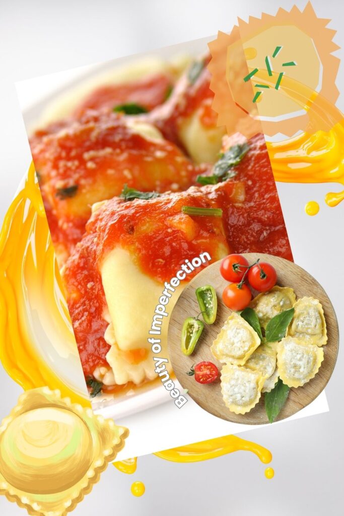 Close-up of ravioli with tomato sauce and a smaller image of uncooked ravioli with tomatoes and green peppers on a wooden plate, accompanied by artistic illustrations of ravioli and sauce.