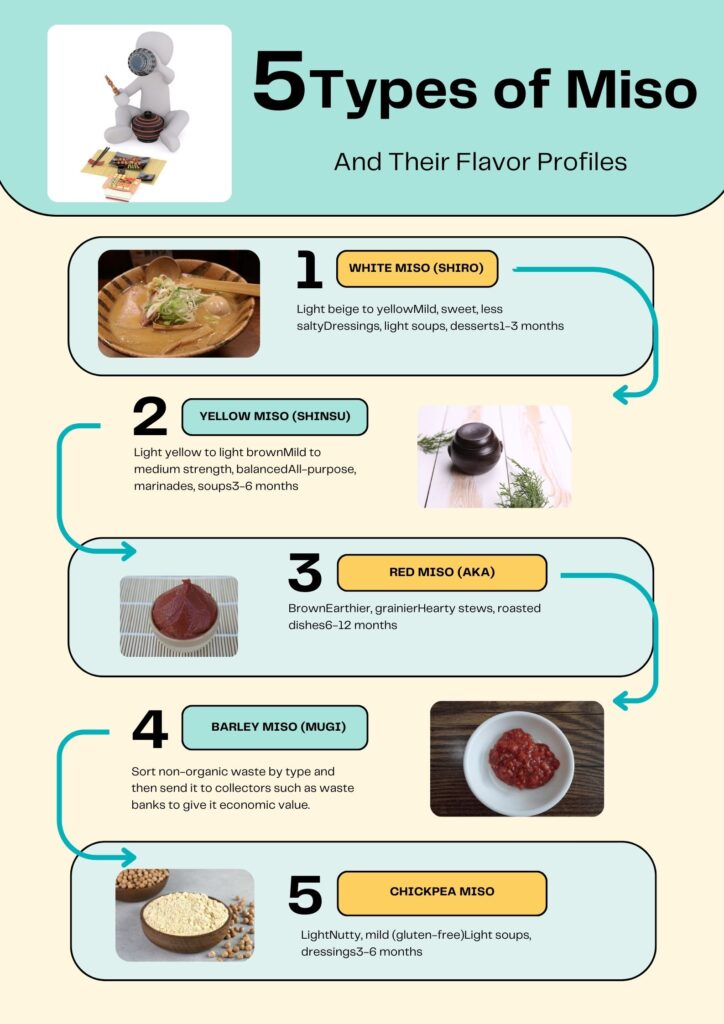 An infographic titled "5 Types of Miso and Their Flavor Profiles" showing different types of miso, their colors, flavors, uses, and fermentation times.