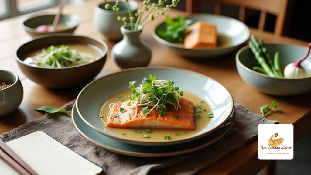 A beautifully plated miso-glazed salmon dish garnished with fresh herbs, served with miso soup and seasonal vegetables on a wooden dining table.