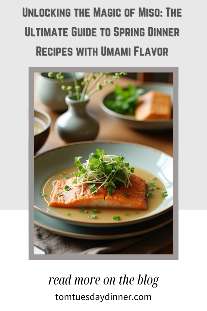 A beautifully plated miso-glazed salmon dish garnished with fresh herbs, served with miso soup and seasonal vegetables on a wooden dining table.