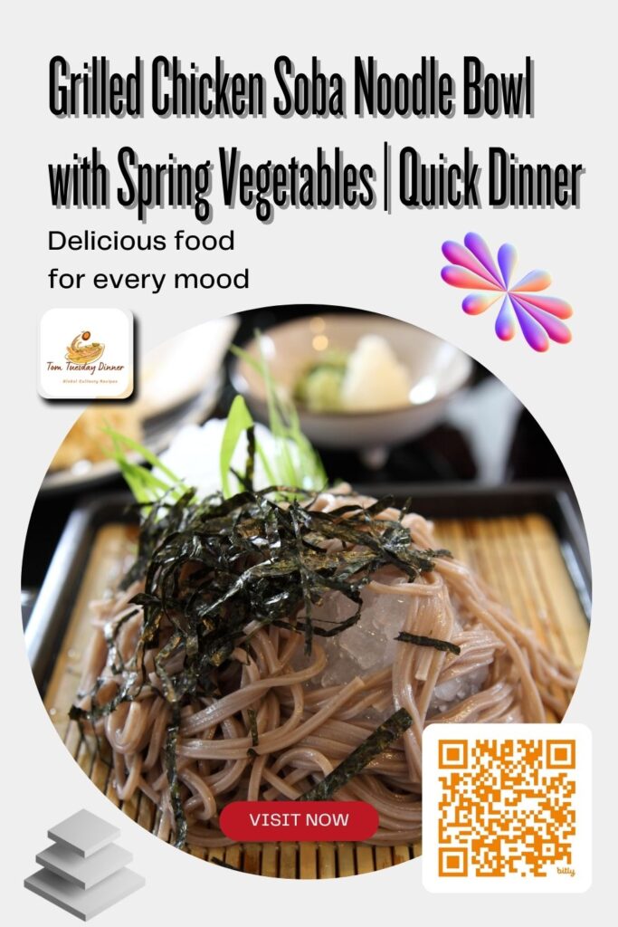 Advertisement for Tom Tuesday Dinner featuring a Grilled Chicken Soba Noodle Bowl with Spring Vegetables.