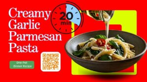 *"Creamy garlic parmesan pasta with sun-dried tomatoes and fresh spinach in a white bowl, ready in 20 minutes. One-pot easy dinner recipe with melted cheese and herbs."*