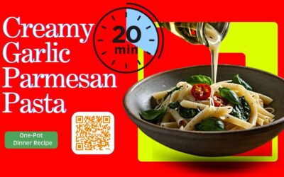*"Creamy garlic parmesan pasta with sun-dried tomatoes and fresh spinach in a white bowl, ready in 20 minutes. One-pot easy dinner recipe with melted cheese and herbs."*