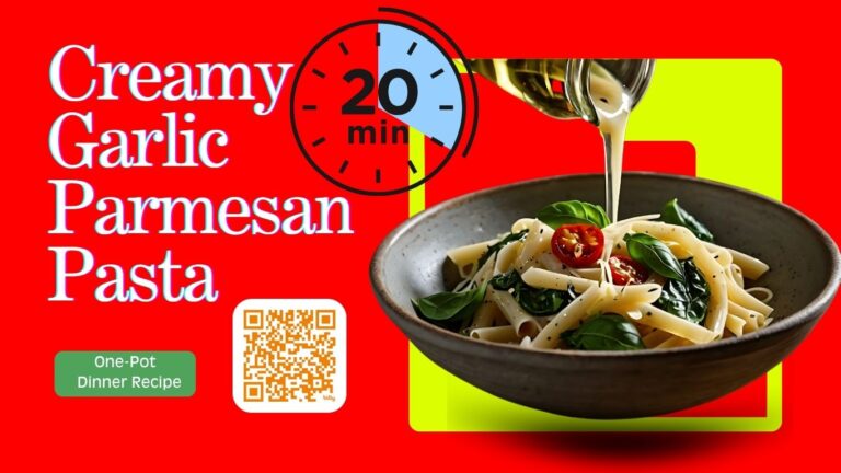 *"Creamy garlic parmesan pasta with sun-dried tomatoes and fresh spinach in a white bowl, ready in 20 minutes. One-pot easy dinner recipe with melted cheese and herbs."*