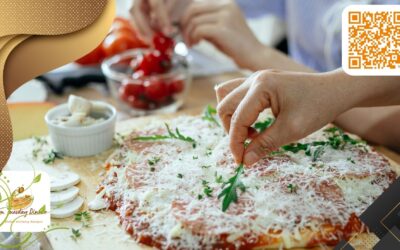Hands adding fresh arugula to homemade pizza with melted cheese and tomato sauce on parchment paper