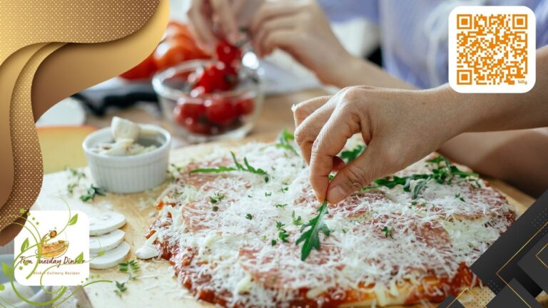 Hands adding fresh arugula to homemade pizza with melted cheese and tomato sauce on parchment paper