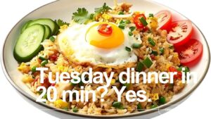 The Tuesday Dinner Blueprint: How to Break the Midweek Cooking Slump (Without Losing Your Mind) A messy but delicious crispy rice bowl – one of our easy Tuesday dinner ideas.
